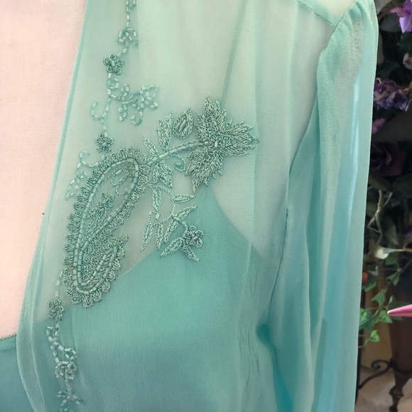 Silk Slip Dress in Tiffany Blue with Sheer Jacket Beaded Size 8 by Scala - Picture 11 of 16